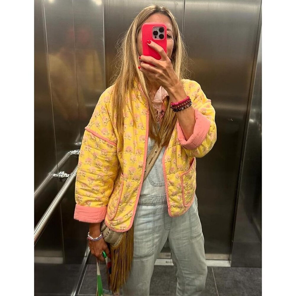 Women’s Yellow flora Cropped Puffer Quilted Jacket Floral Print Lightweight Coat - Picture 3 of 4
